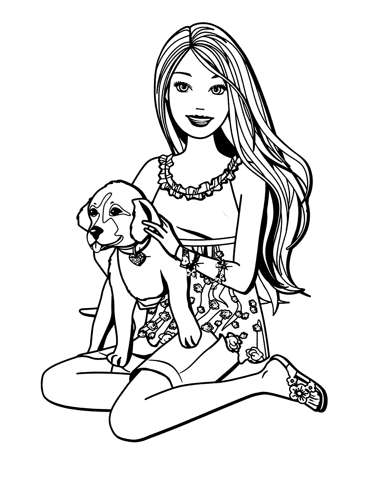 Coloring Page of Barbie with her pet dog