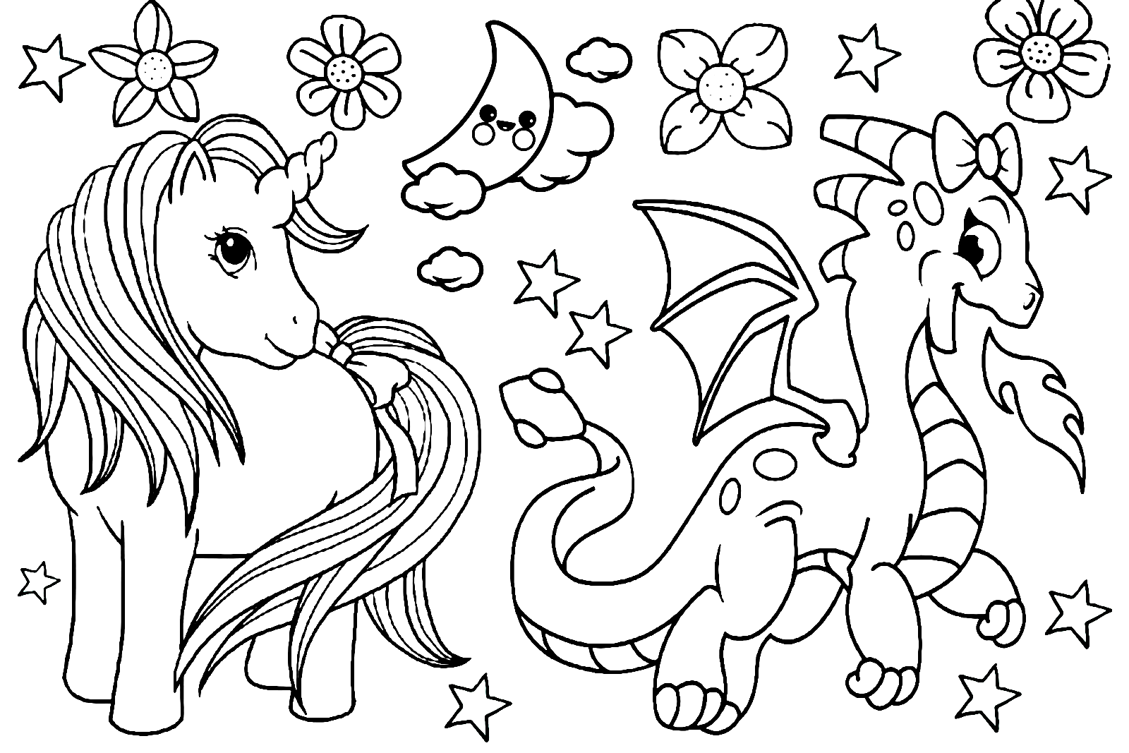 Printable Unicorn and Dragon Coloring Page