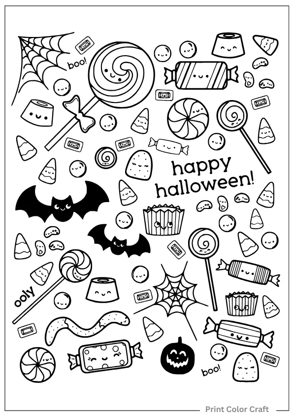 Halloween Candies and Bat Coloring Boo