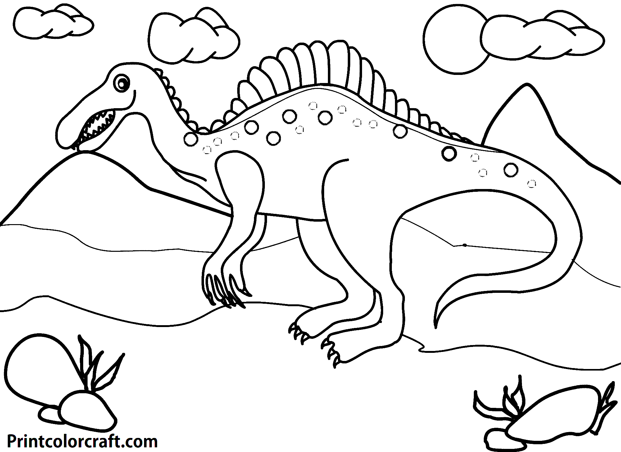 Hand-drawn Spinosaurs printable dinosaur coloring page
