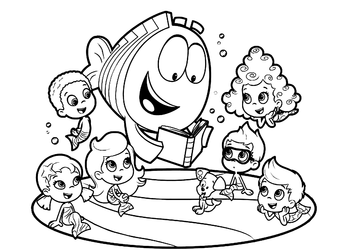 Printable Coloring Page of Bubble Guppies Learning Underwater with Mr Grouper