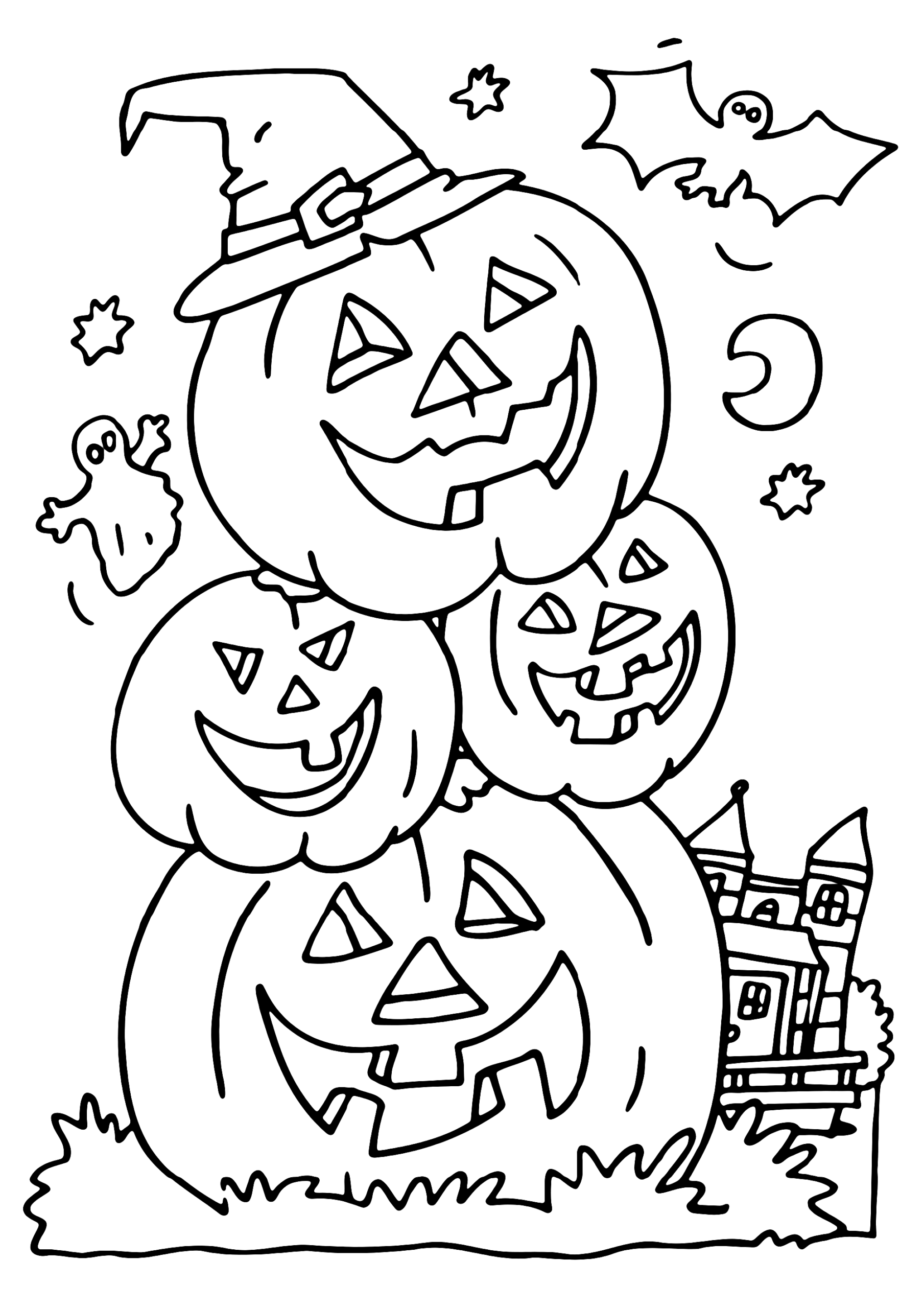 Spooky and Funny Stacked Halloween Pumpkin Coloring Page for Kids